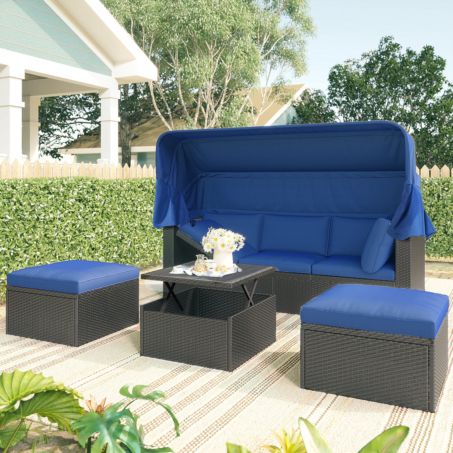 U_Style Outdoor Patio Rectangle Daybed with Retractable Canopy,  Wicker Furniture Sectional Seating with Washable Cushions, Backyard, Porch