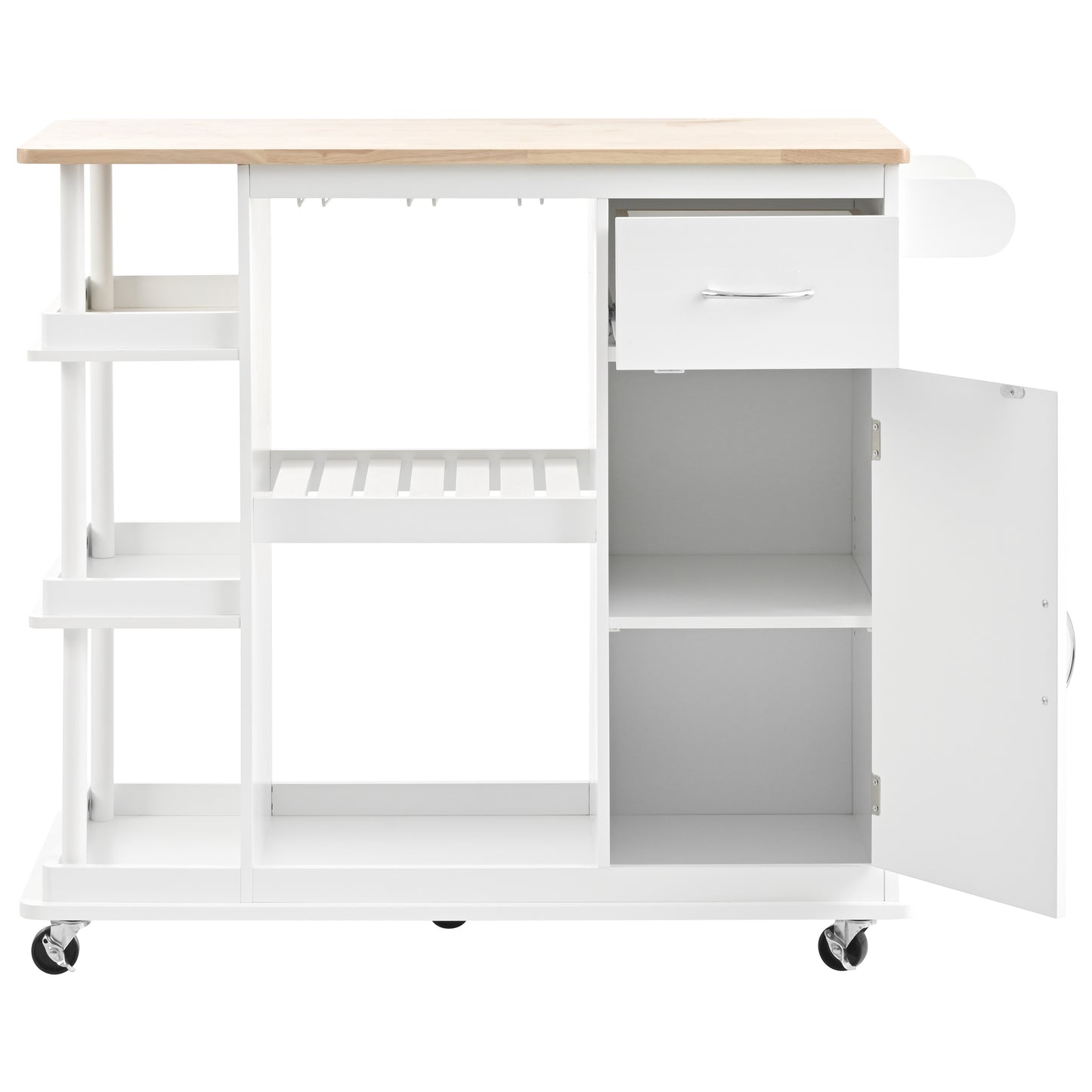 Multipurpose Kitchen Cart Cabinet with Side Storage Shelves,Rubber Wood Top, Adjustable Storage Shelves, 5 Wheels, Kitchen Storage Island with Wine Rack for Dining Room, Home,Bar,White