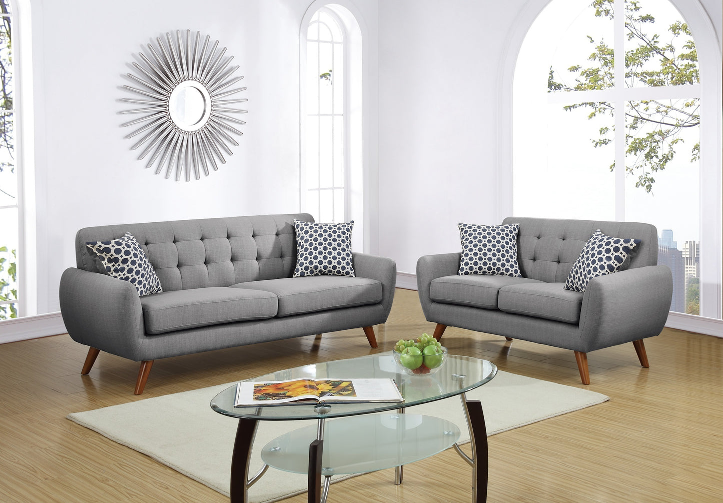 Grey Polyfiber Sofa And Loveseat 2pc Sofa Set Living Room Furniture Plywood Tufted Couch Pillows