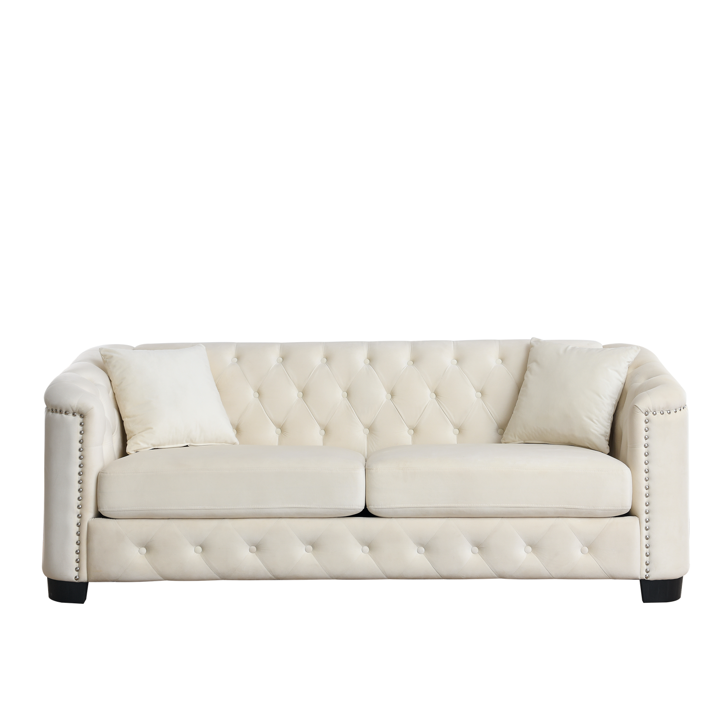 77" Modern Chesterfield Velvet Sofa with Nailhead Arms and 2 Cushions for Living Room