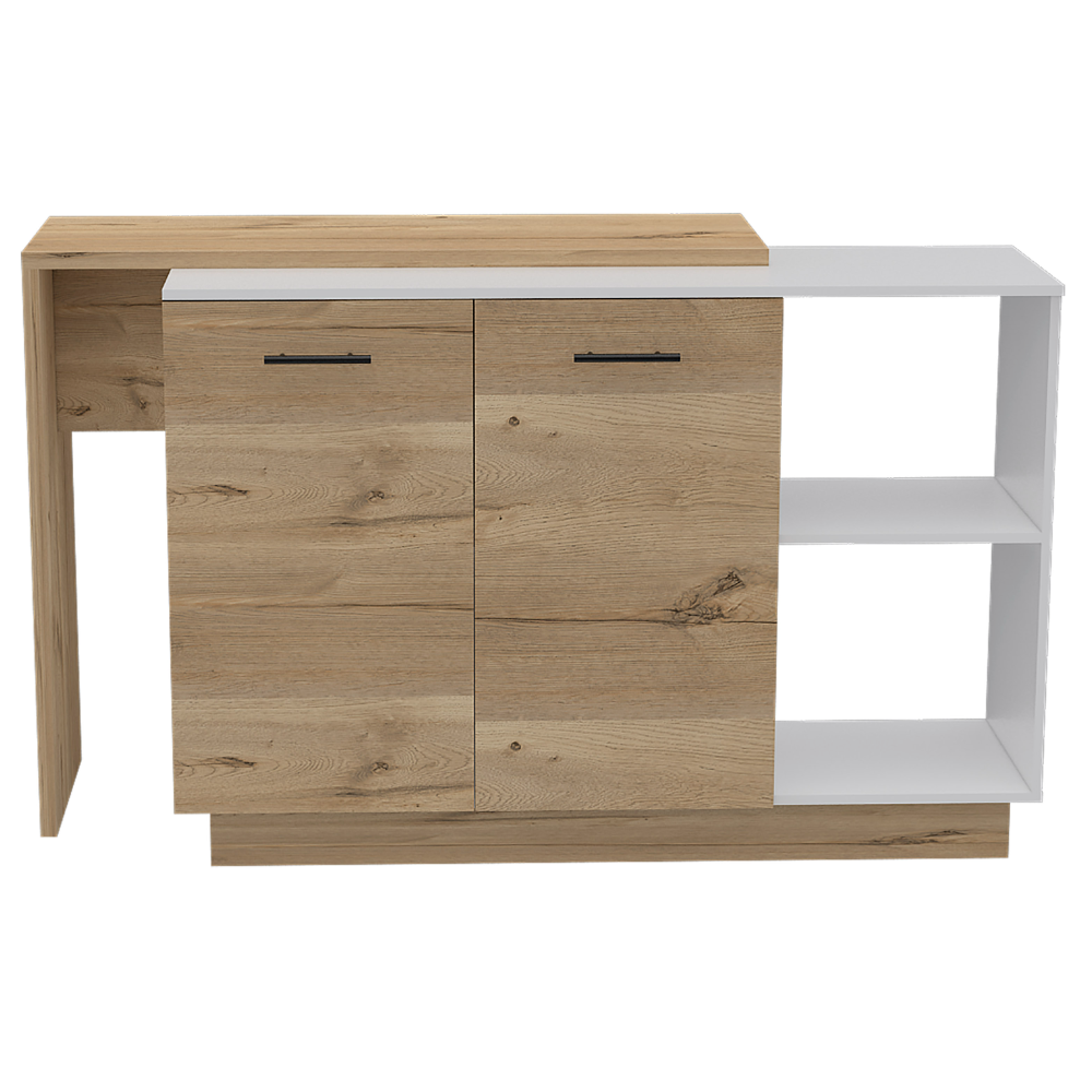 Sicilia Kitchen Island, Two  External Shelves, Double Door Cabinets, Three Shelves -White / Light Oak