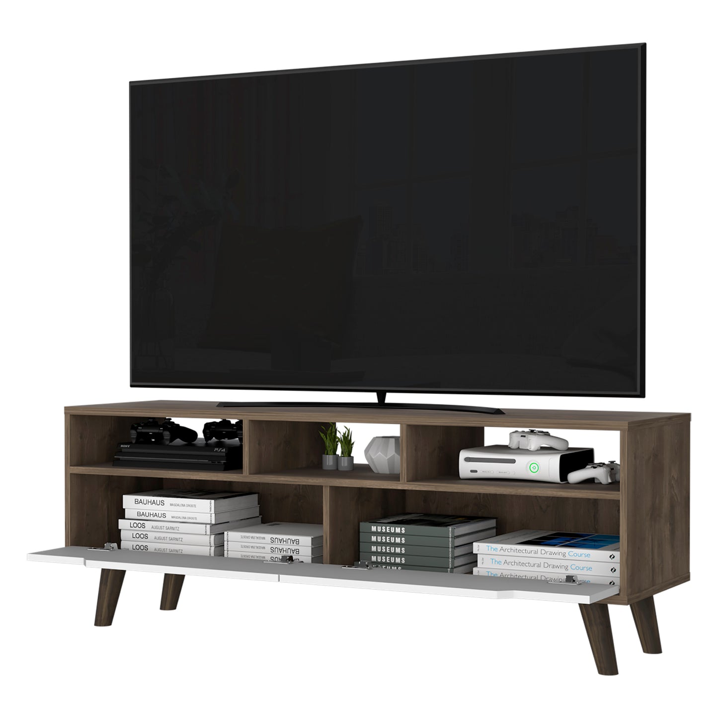 New Haven 2-Drawer 3-Shelf TV Stand Dark Walnut and White