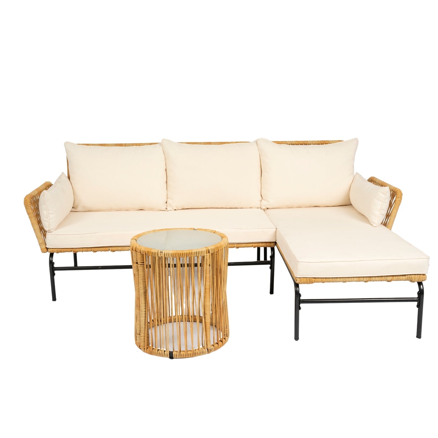 Modern 3-Piece Patio Furniture Set -Yellow Wicker + Creme Cushion