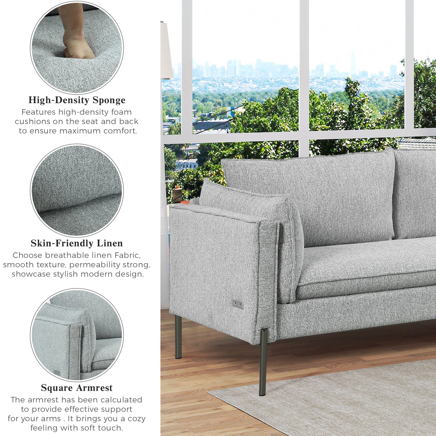 76.2" Modern Style 3 Seat Sofa Linen Fabric Upholstered Couch Furniture  for Different Spaces