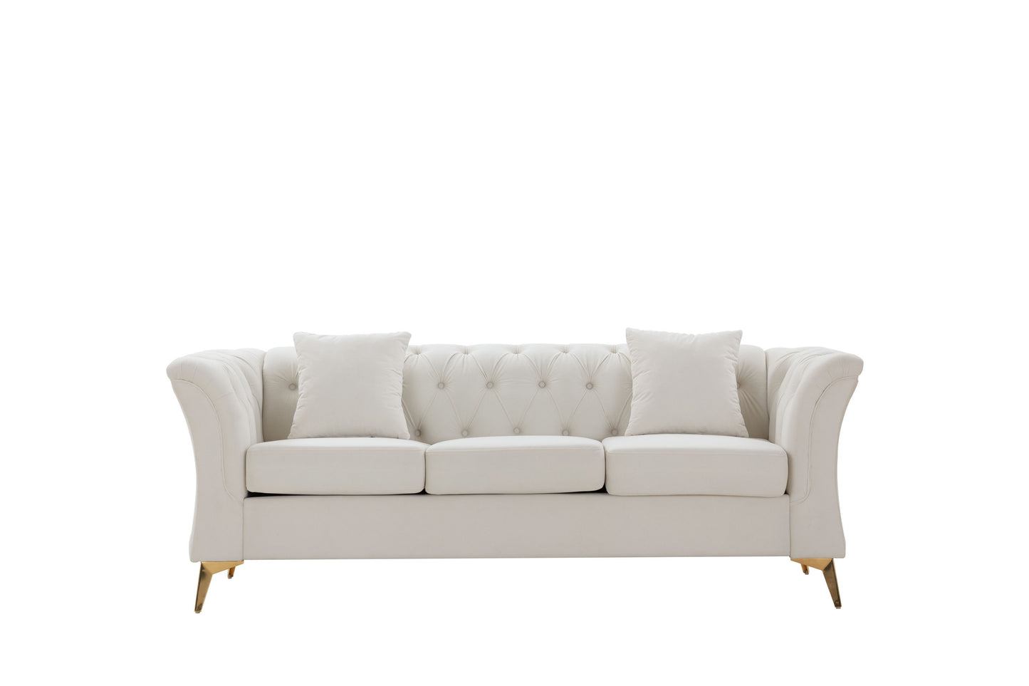 Modern Chesterfield Curved Sofa Tufted Velvet Couch 3 Seat Button Tufed Loveseat with Scroll Arms and Gold Metal Legs for Living Room Bedroom Beige