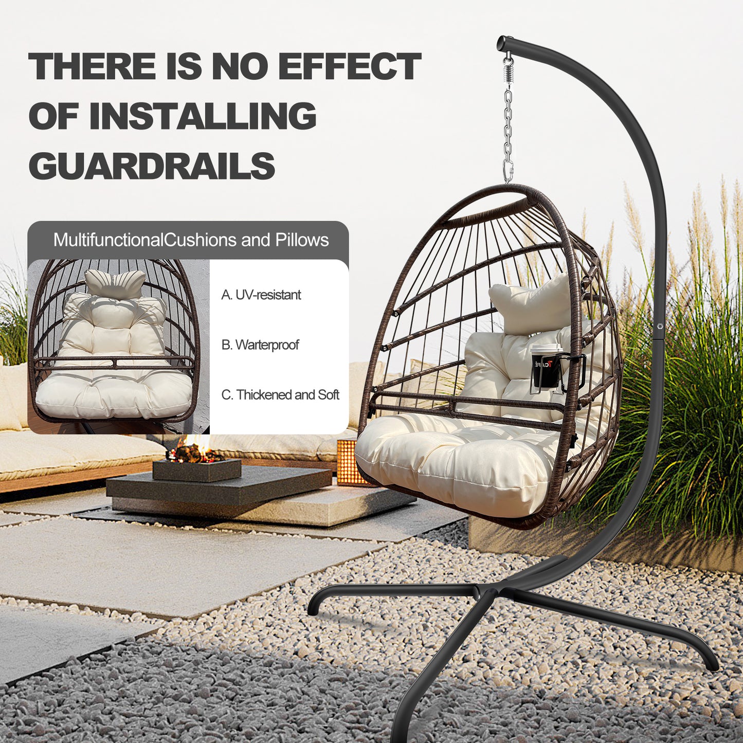 Swing Egg Chair with Stand Indoor Outdoor Wicker Rattan Patio Basket Hanging Chair with C Type bracket , with cushion and pillow,Patio Wicker folding Hanging Chair