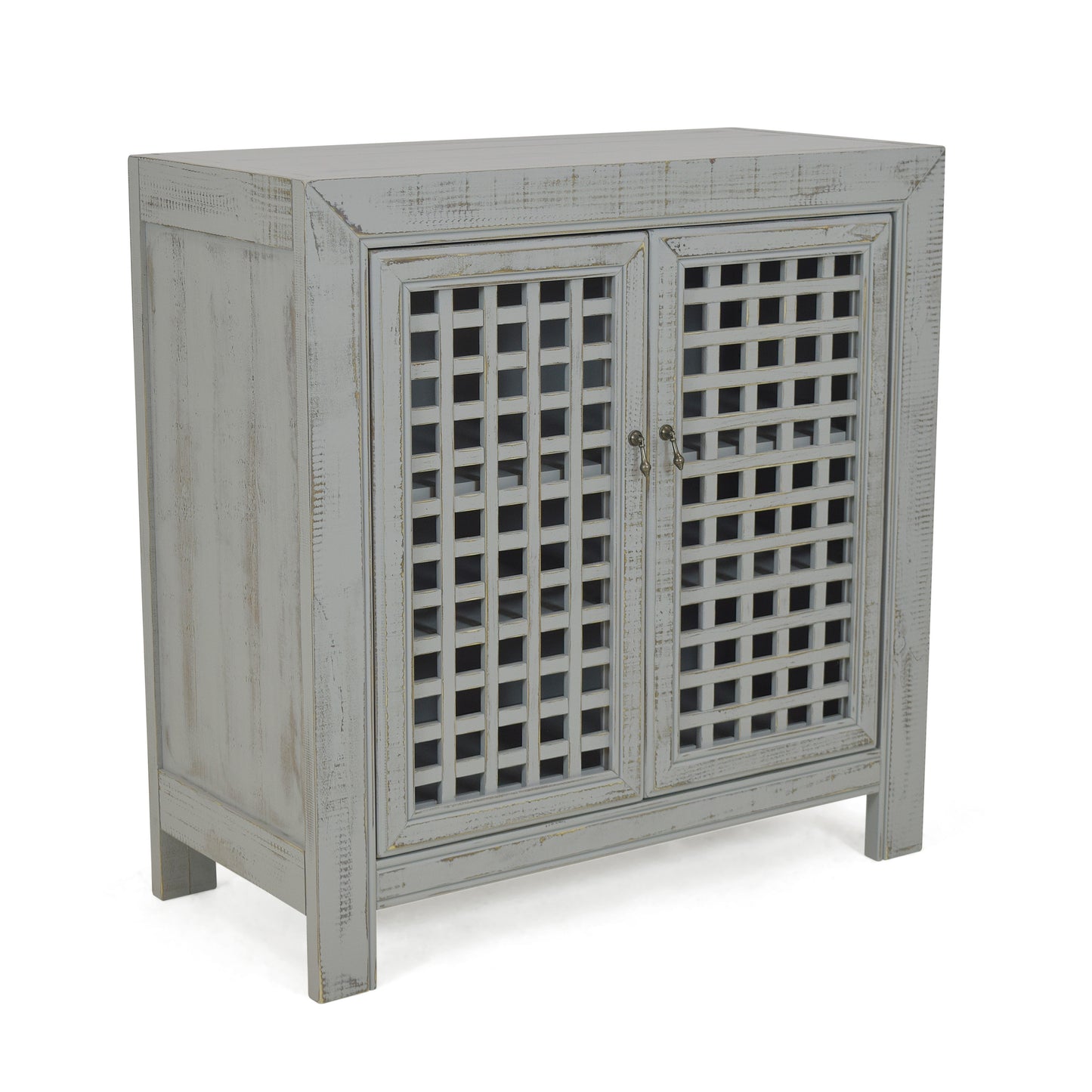 Farmhouse Inspired Accent Cabinet - Lattice Work Front, Distressed Grey Finish