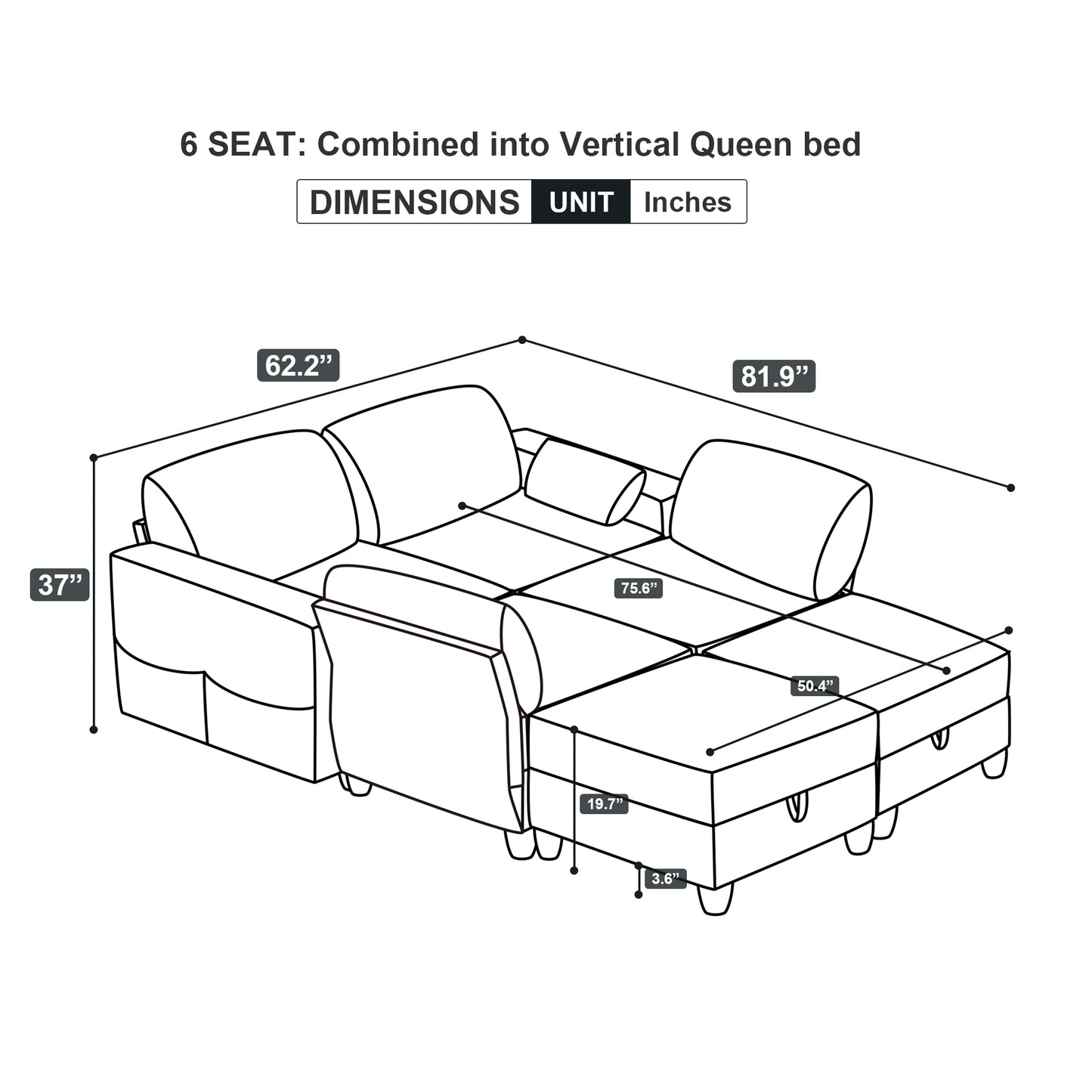 6 Storage Seat Convertible Sectional Modular Sofa Couch