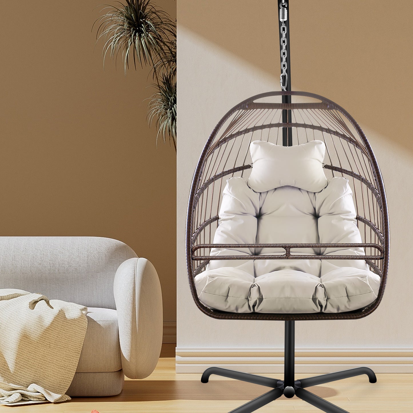 Swing Egg Chair with Stand Indoor Outdoor Wicker Rattan Patio Basket Hanging Chair with C Type bracket , with cushion and pillow,Patio Wicker folding Hanging Chair