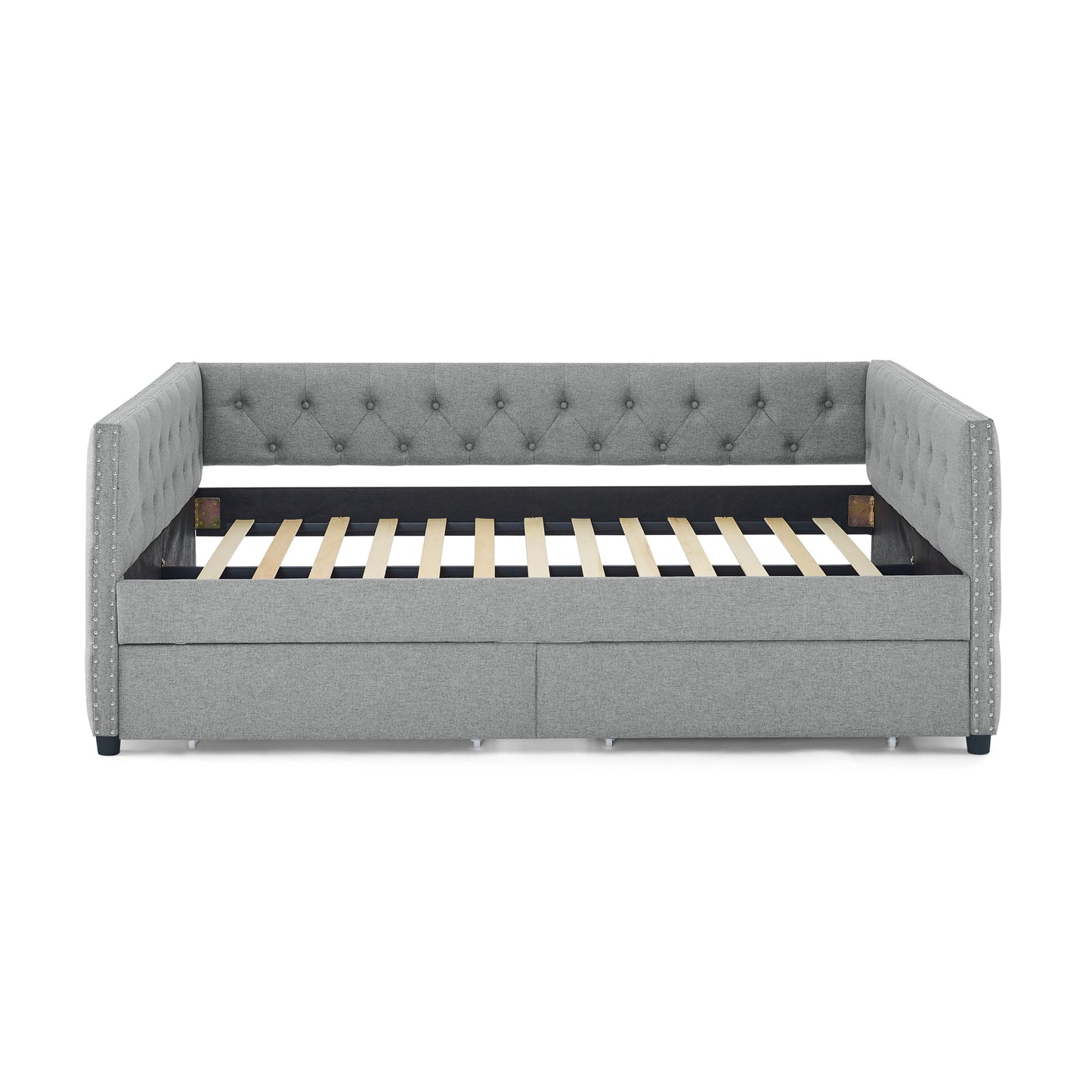 Upholstered Full Size Daybed with Two Drawers, with Button and Copper Nail on Square Arms, Grey (82.75''x58''x30.75'')