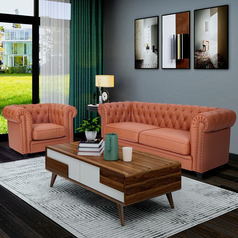 classic sofa 3-seat genuine leather solid wood oak feet