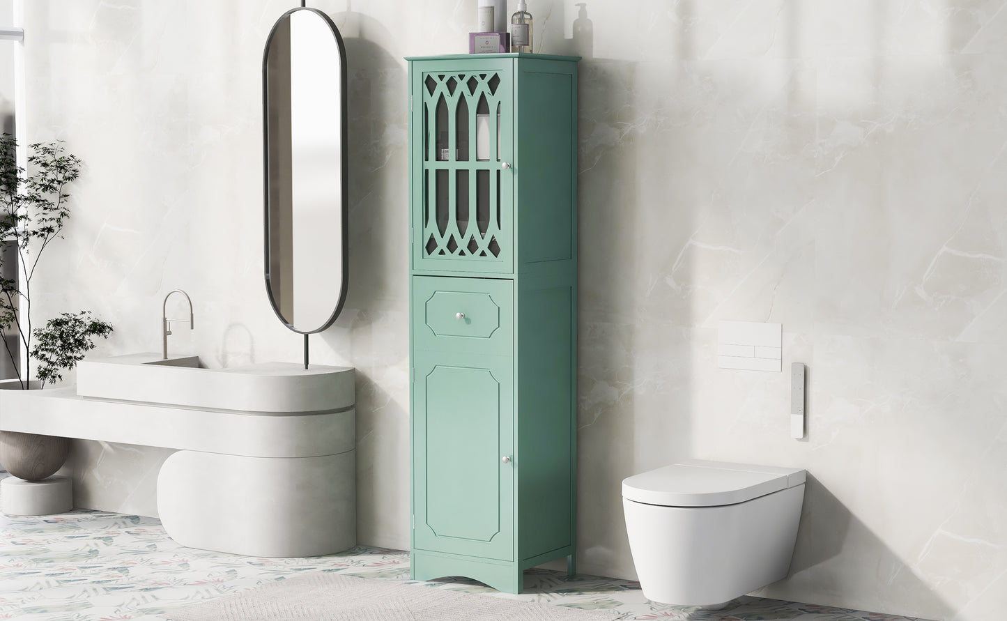 Tall Bathroom Cabinet, Freestanding Storage Cabinet with Drawer and Doors, MDF Board, Acrylic Door, Adjustable Shelf, Green