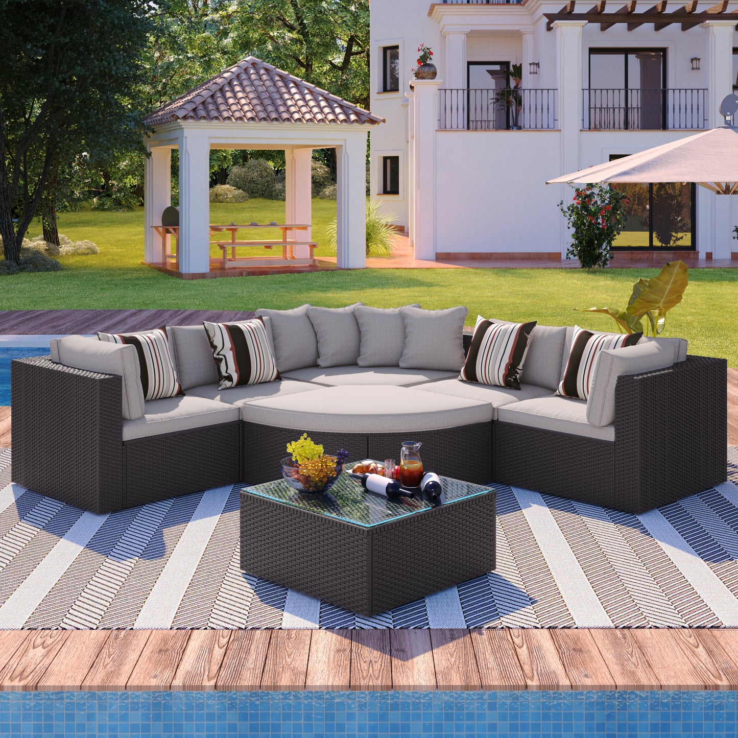 Modern 6-Seater Grey Wicker Patio Furniture Set