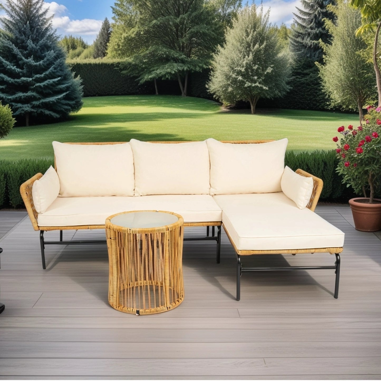 Modern 3-Piece Patio Furniture Set -Yellow Wicker + Creme Cushion