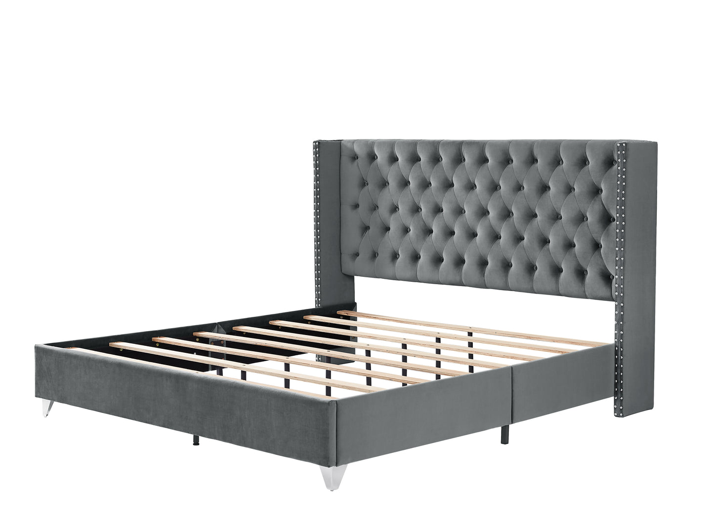 King bed with two nightstands, Button tufted gray