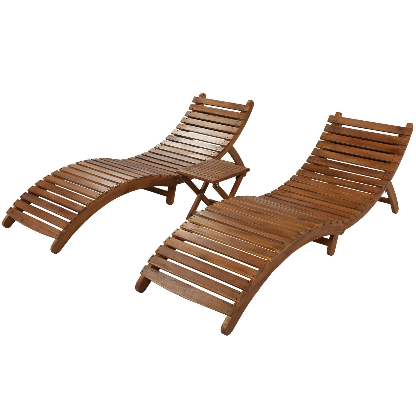 TOPMAX Outdoor Patio Wood Portable Extended Chaise Lounge Set with Foldable Tea Table for Balcony, Poolside, Garden, Brown Finish+Dark Gray Cushion