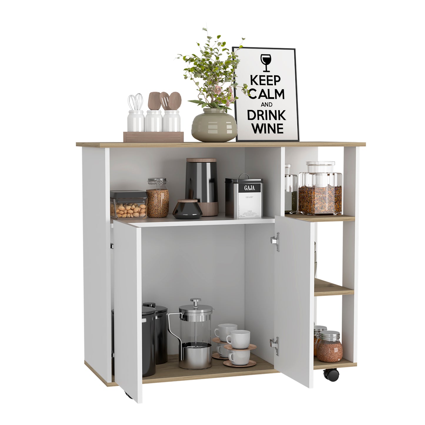 Kitchen Island Kamkacht, One Cabinet, Four Open Shelves, Light Oak / White Finish