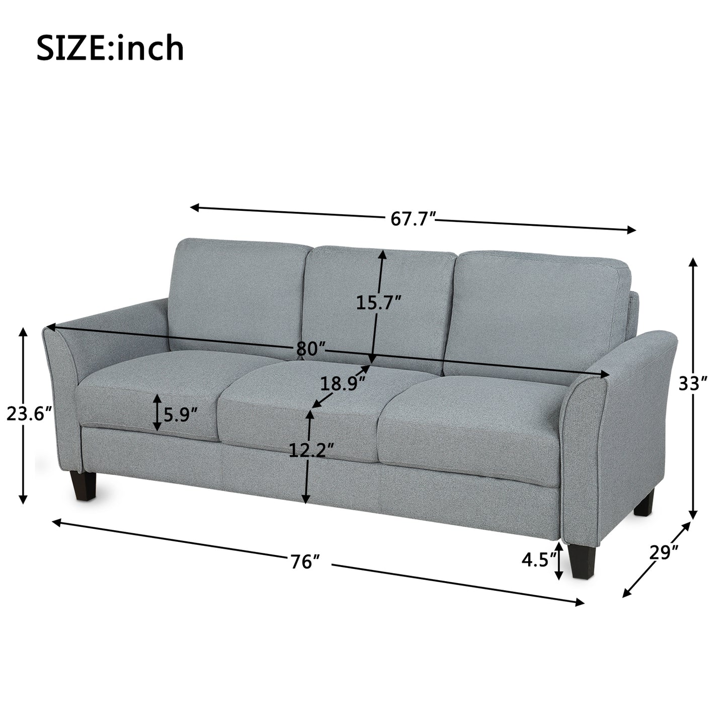 3-Seat Sofa Living Room Linen Fabric Sofa (Gray)