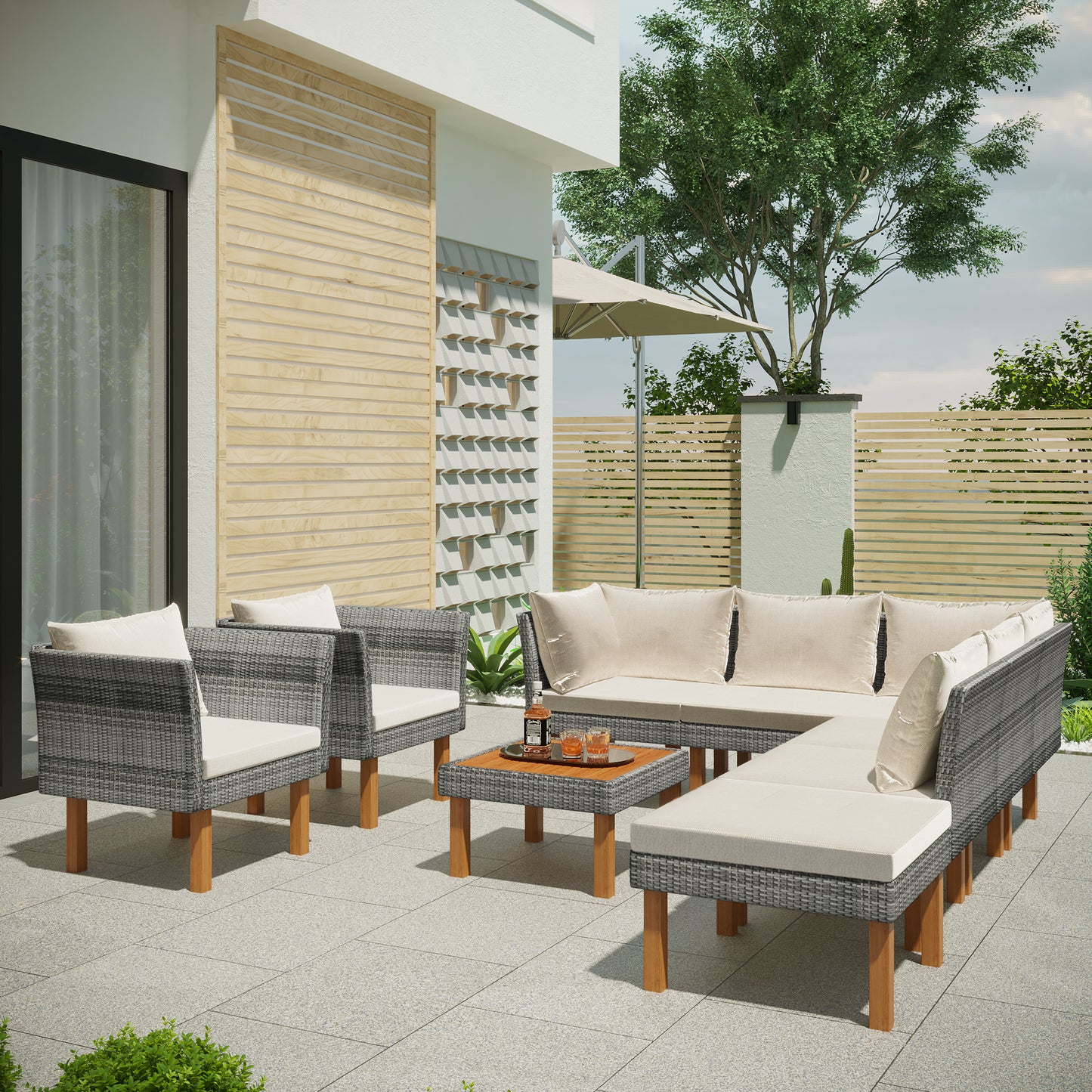 GO 9-Piece Outdoor Patio Garden Wicker Sofa Set, Gray PE Rattan Sofa Set, with Wood Legs, Acacia Wood Tabletop, Armrest Chairs with Beige Cushions