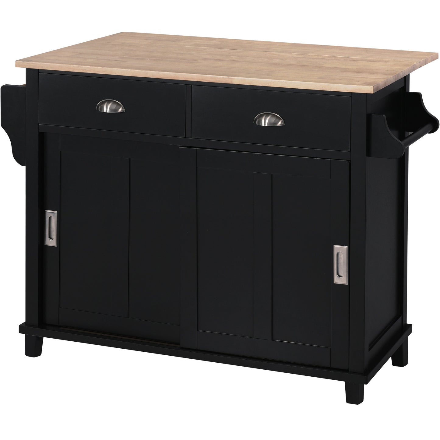 Kitchen Cart with Rubber wood Drop-Leaf Countertop, Concealed sliding barn door adjustable height,Kitchen Island on 4 Wheels with Storage Cabinet and 2 Drawers,L52.2xW30.5xH36.6 inch, Black