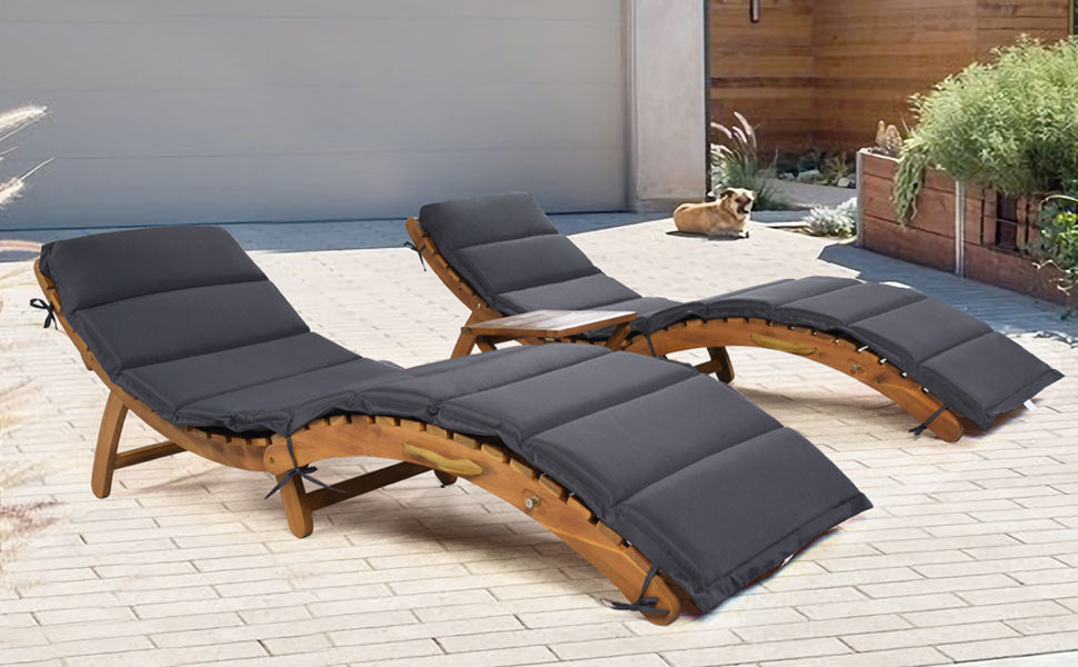 TOPMAX Outdoor Patio Wood Portable Extended Chaise Lounge Set with Foldable Tea Table for Balcony, Poolside, Garden, Brown Finish+Dark Gray Cushion