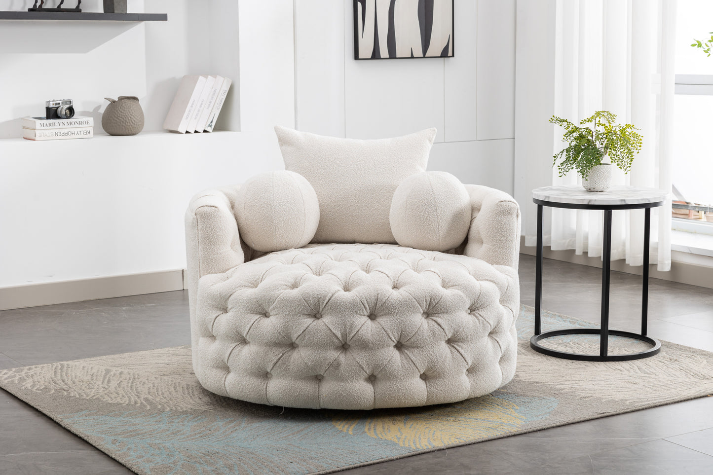 Modern Swivel Accent Barrel Chair, white tufted