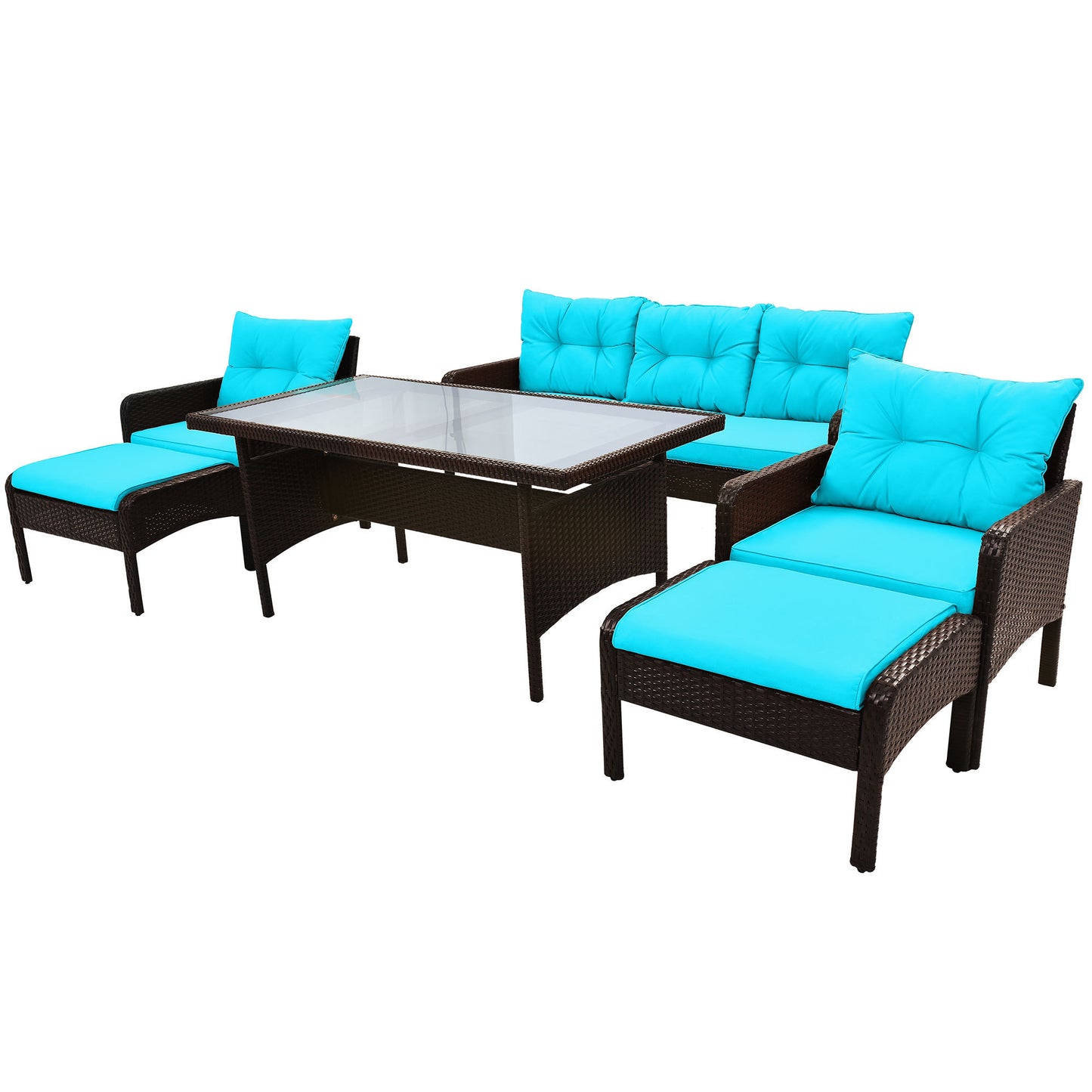 TOPMAX 6-Piece Outdoor Patio PE Wicker Rattan Sofa Set Dining Table Set with Removable Cushions and Tempered Glass Tea Table for Backyard, Poolside, Deck, Brown Wicker+Blue Cushion