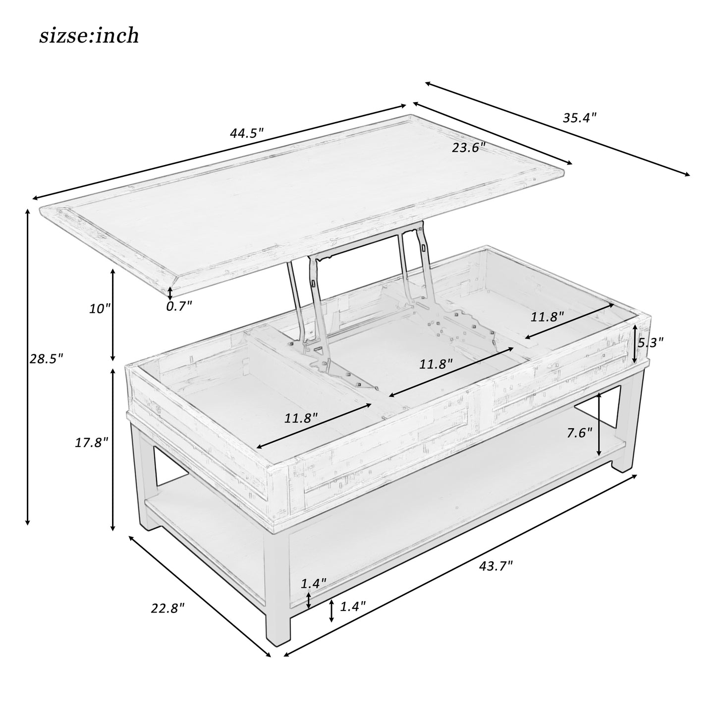 U-style Lift Top Coffee Table with Inner Storage