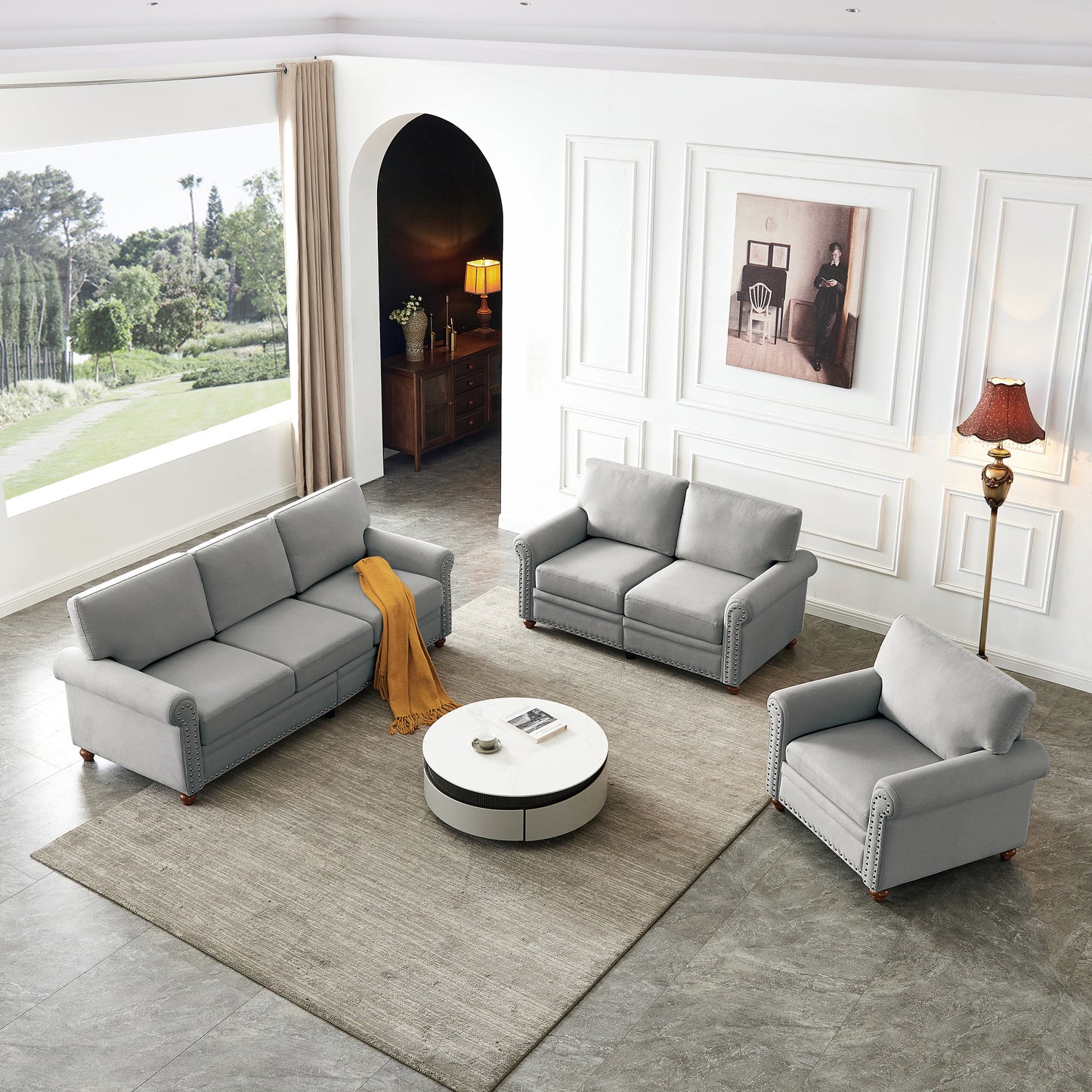 Linen Fabric Upholstery with Storage Sofa 1+2+3 Sectional (Grey)