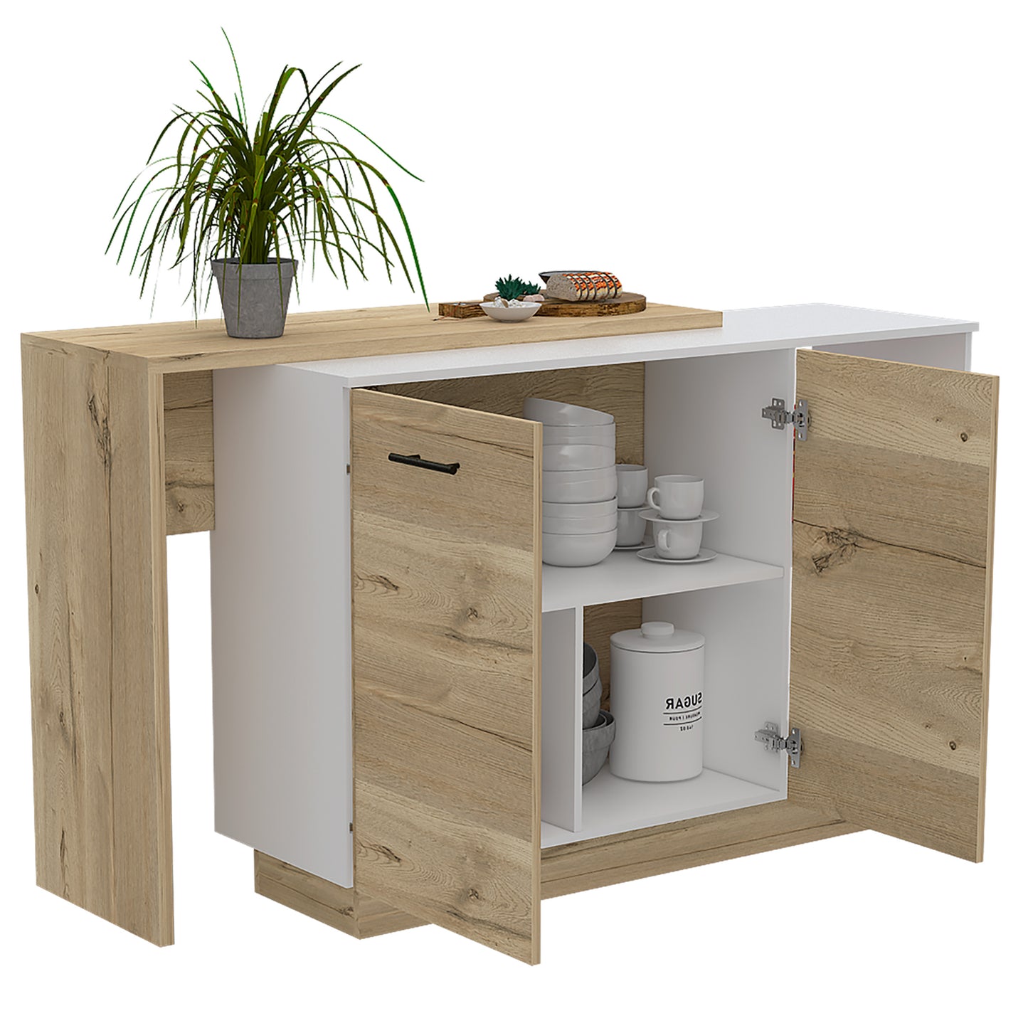 Sicilia Kitchen Island, Two  External Shelves, Double Door Cabinets, Three Shelves -White / Light Oak