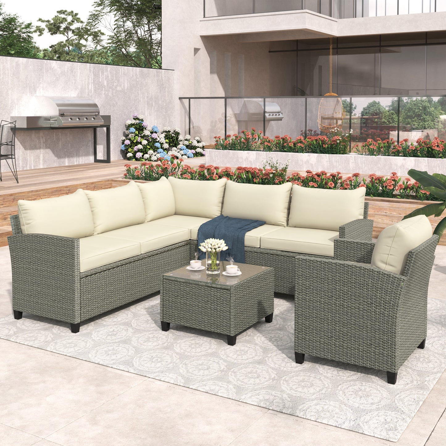 U_STYLE Patio Furniture Set, 5 Piece Outdoor Conversation Set,with Coffee Table, Cushions and Single Chair