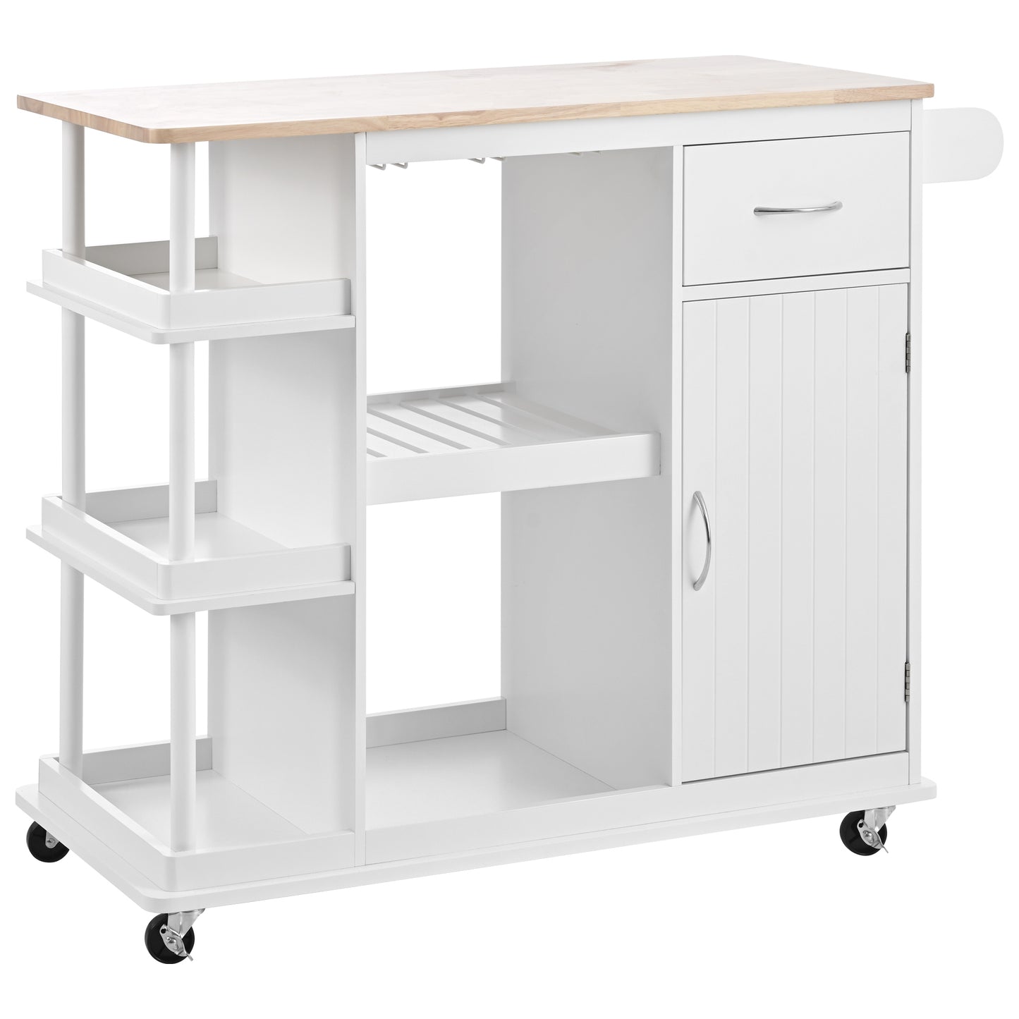 Multipurpose Kitchen Cart Cabinet with Side Storage Shelves,Rubber Wood Top, Adjustable Storage Shelves, 5 Wheels, Kitchen Storage Island with Wine Rack for Dining Room, Home,Bar,White