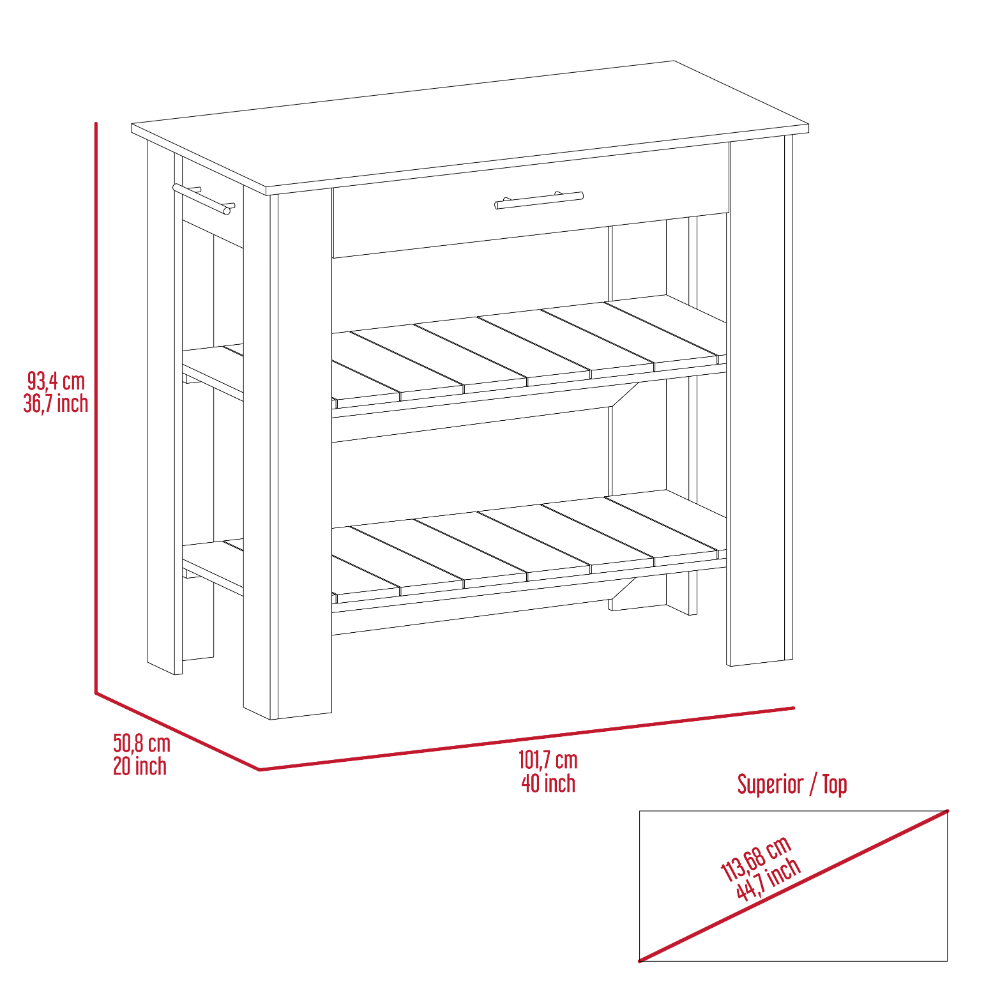 Cala Kitchen Island 40, Two Shelves, One Drawer, Four Legs  -Black / Light Oak