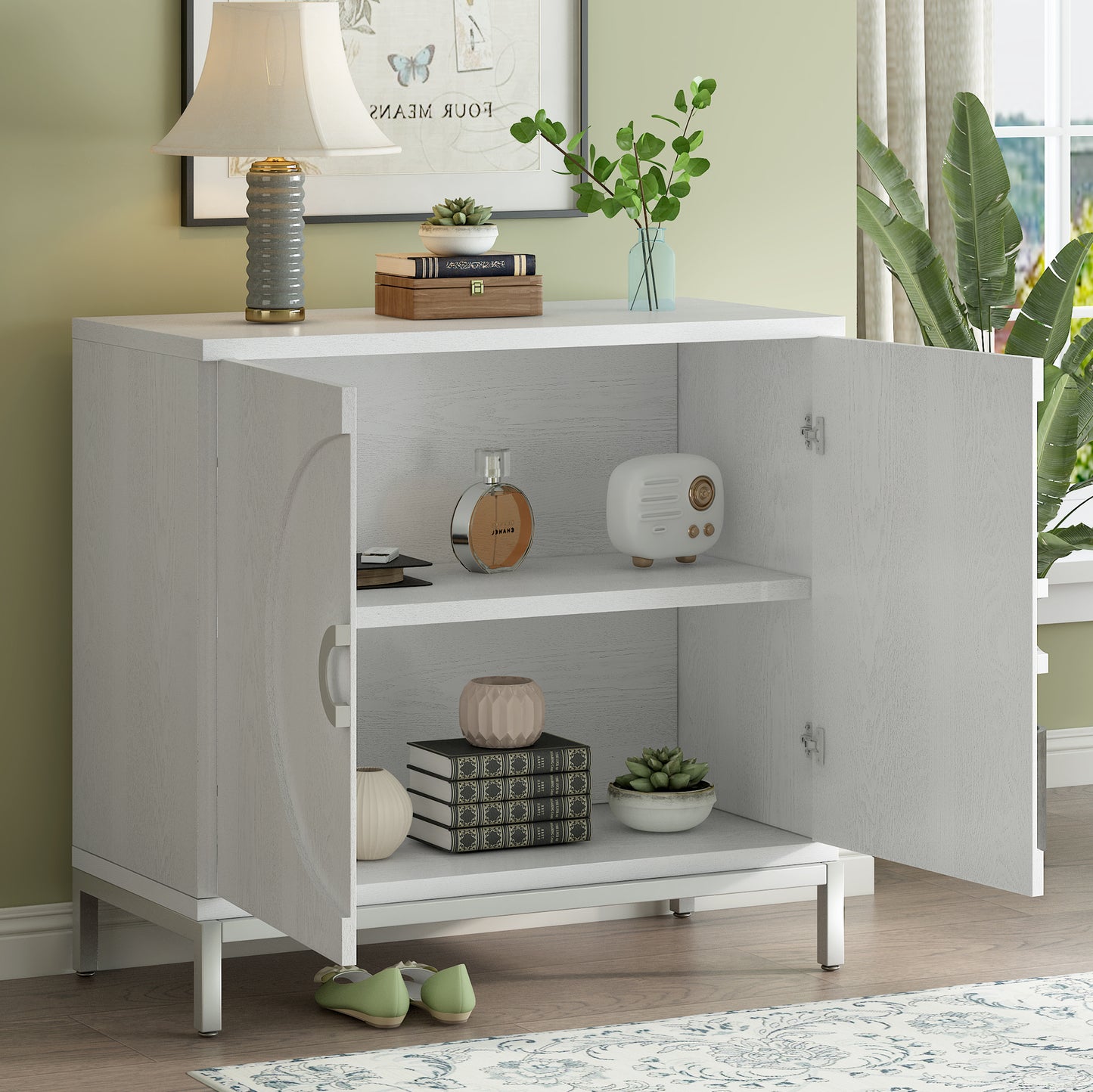 TREXM Simple Storage Cabinet Accent Cabinet with Solid Wood Veneer and Metal Leg Frame for Living Room, Entryway, Dining Room (White)