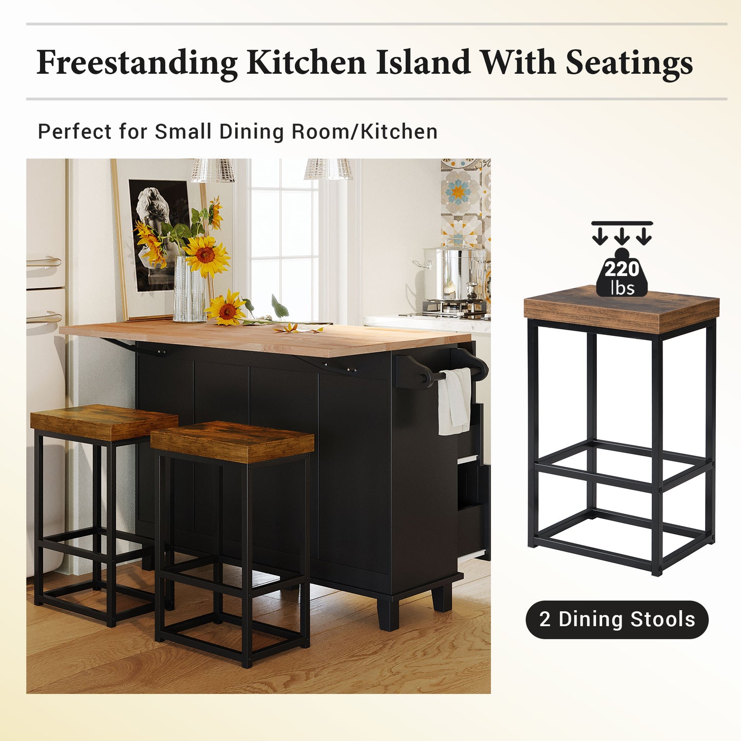 TOPMAX Farmhouse Kitchen Island Set with Drop Leaf and 2 Seatings,Dining Table Set with Storage Cabinet, Drawers and Towel Rack, Black+Rustic Brown