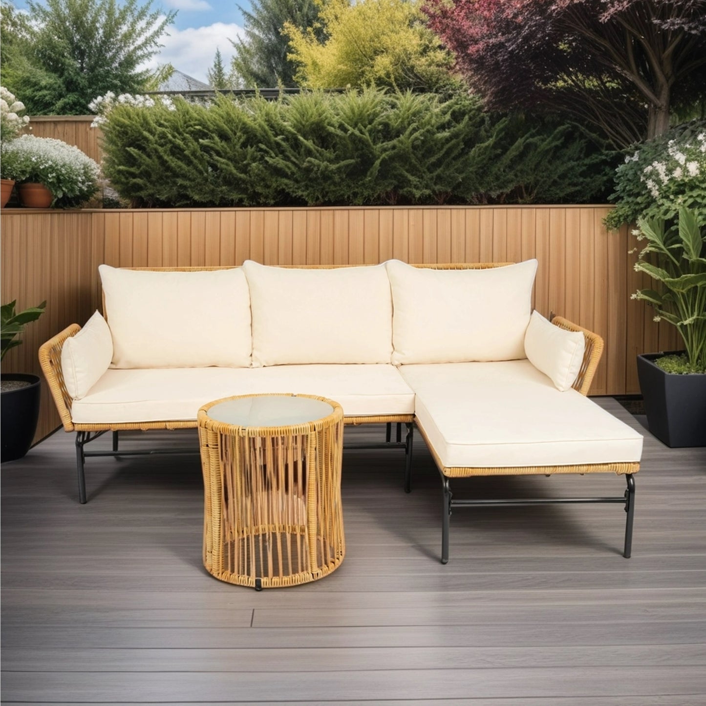 Modern 3-Piece Patio Furniture Set -Yellow Wicker + Creme Cushion