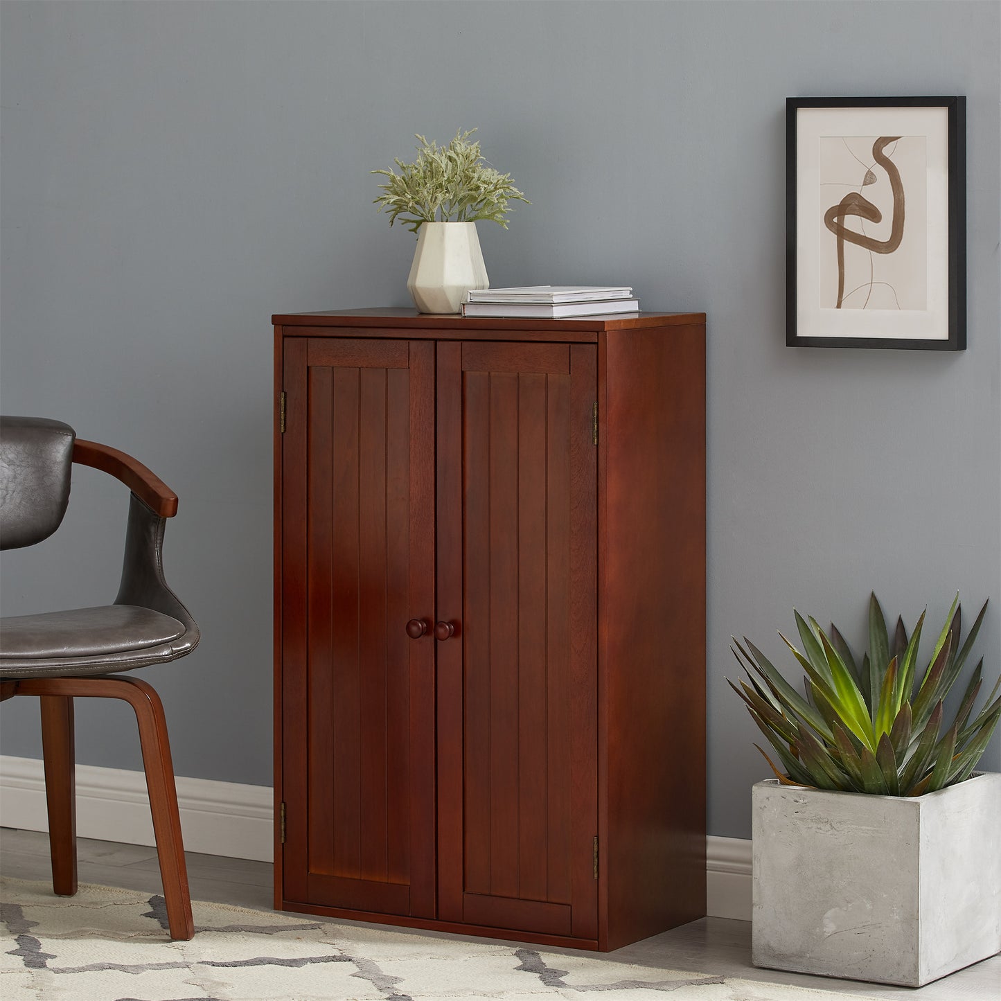 Bathroom Storage Cabinet Freestanding Wooden Floor Cabinet with Adjustable Shelf and Double Door Walnut