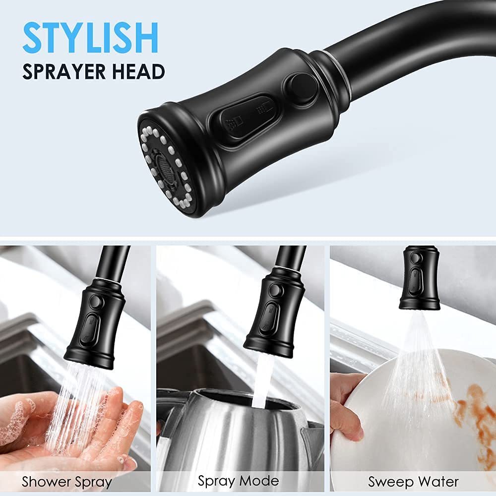 Kitchen Faucet- 3 Modes Pull Down Sprayer Kitchen Tap Faucet Head, Single Handle&Deck Plate for 1or3 Holes, 360° Rotation, Stainless Steel No Lead for RV Bar Home, Black