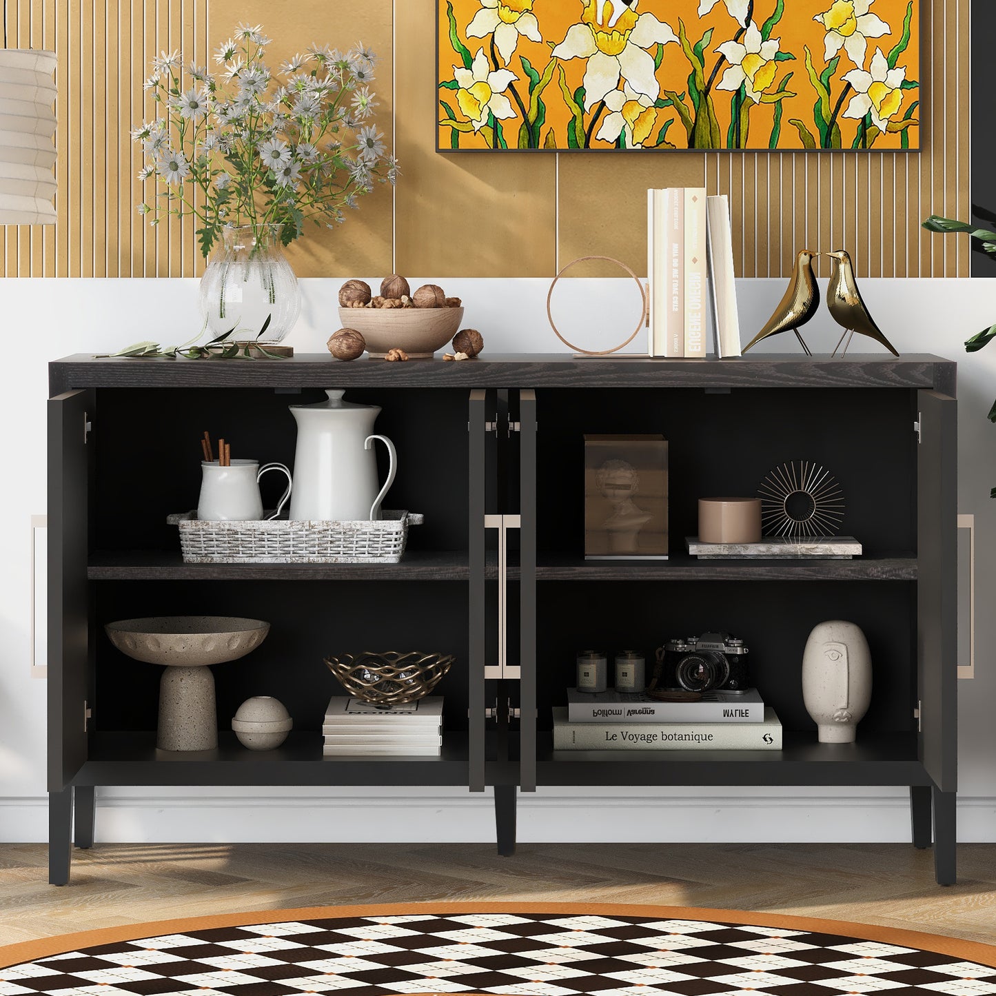 U-STYLE  Storage Cabinet Sideboard Wooden Cabinet with 4 Metal handles ,4 Shelves and 4 Doors for Hallway, Entryway, Living room