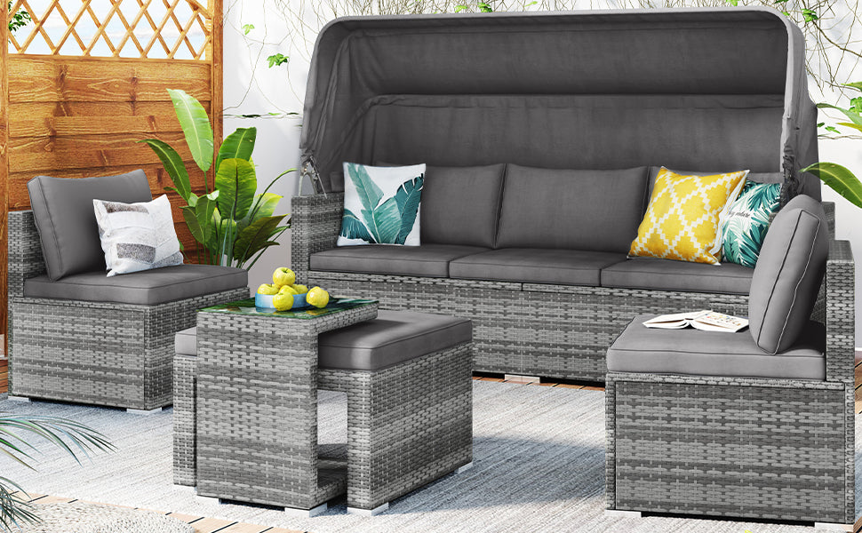 TOPMAX 5 Pieces Outdoor Sectional Patio Rattan Sofa Set Rattan Daybed , PE Wicker Conversation Furniture Set w/ Canopy and Tempered Glass Side Table, Gray