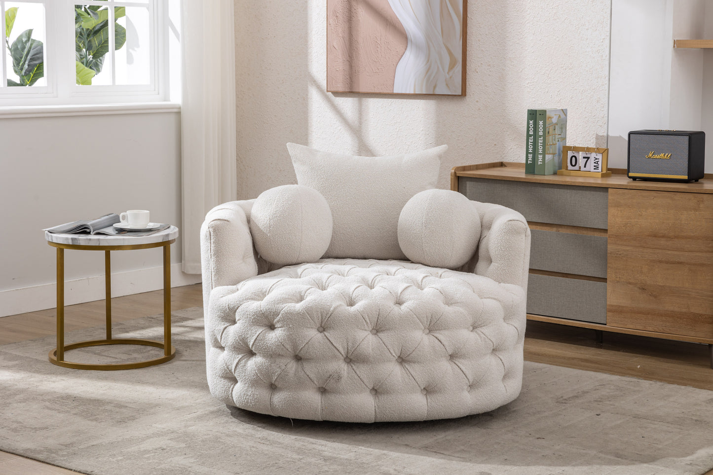 Modern Swivel Accent Barrel Chair, white tufted