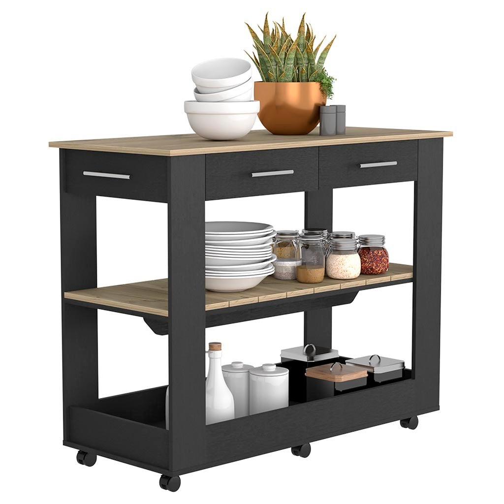 Kitchen Island 46 Inches Dozza, Two Drawers, Black Wengue / Light Oak Finish