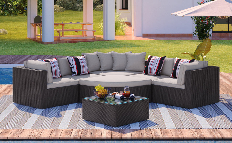 Modern 6-Seater Grey Wicker Patio Furniture Set