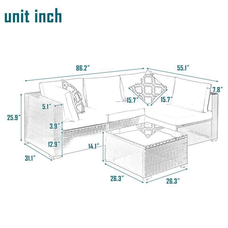 Outdoor Garden Patio Furniture 5-Piece PE Rattan Wicker Cushioned Sofa Sets with 2 Pillows and Coffee Table, outdoor couch；outdoor sectional；porch furniture；patio couch；outdoor sofa；patio furniture se