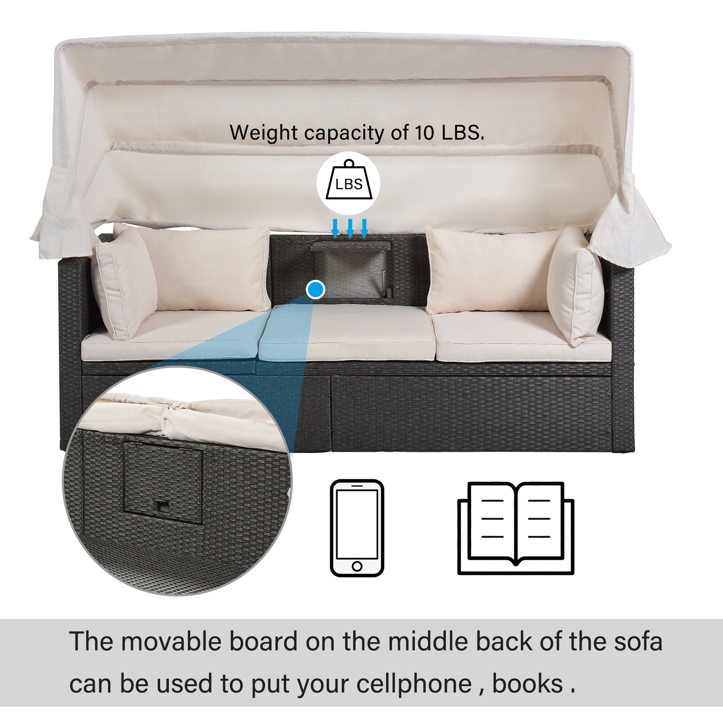 U_Style Outdoor Patio Rectangle Daybed with Retractable Canopy,  Wicker Furniture Sectional Seating with Washable Cushions, Backyard, Porch