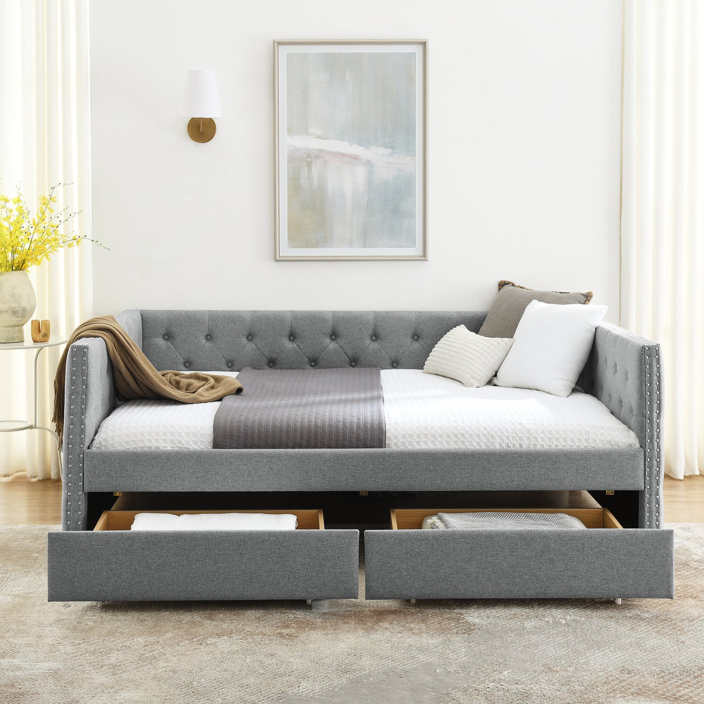 Upholstered Full Size Daybed with Two Drawers, with Button and Copper Nail on Square Arms, Grey (82.75''x58''x30.75'')