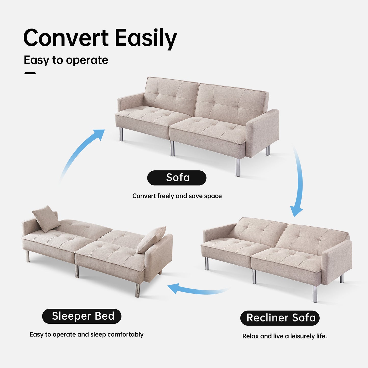 84.6” Extra Long  Futon Adjustable Sofa Bed