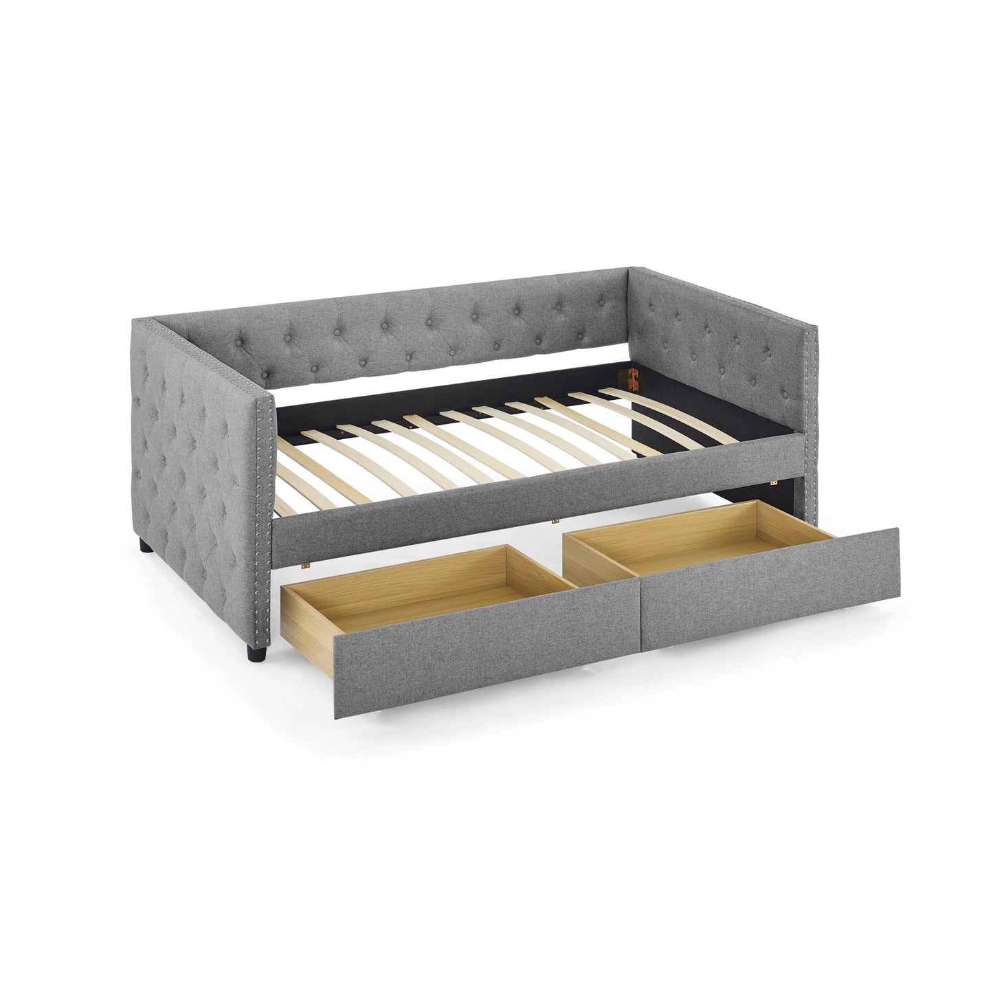 Upholstered Twin Size Daybed with Two Drawers, with Button and Copper Nail on Square Arms, Grey (82.75''x43''x30.75'')