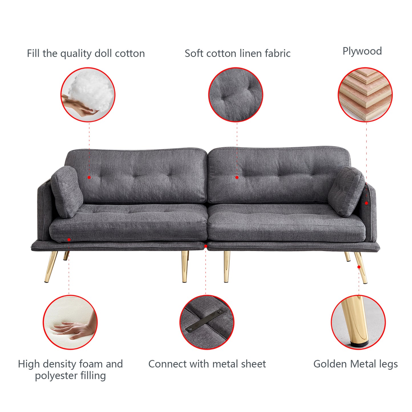 3 Seat Sofa with Gold Metal Legs