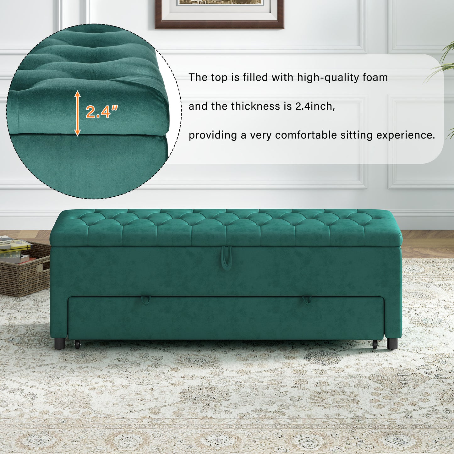 51.2" Button-Tufted Ottoman with Safety Close